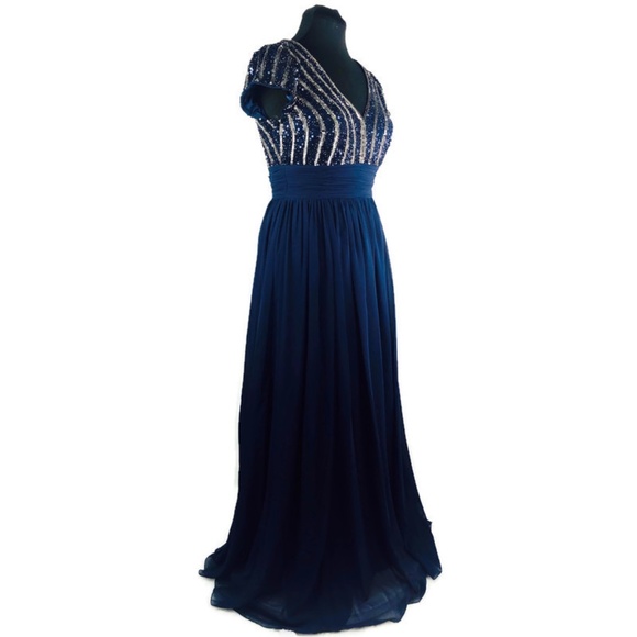 NWT JS Collection Navy Chiffon Empire Gown Sz 12 - Picture 2 of 8